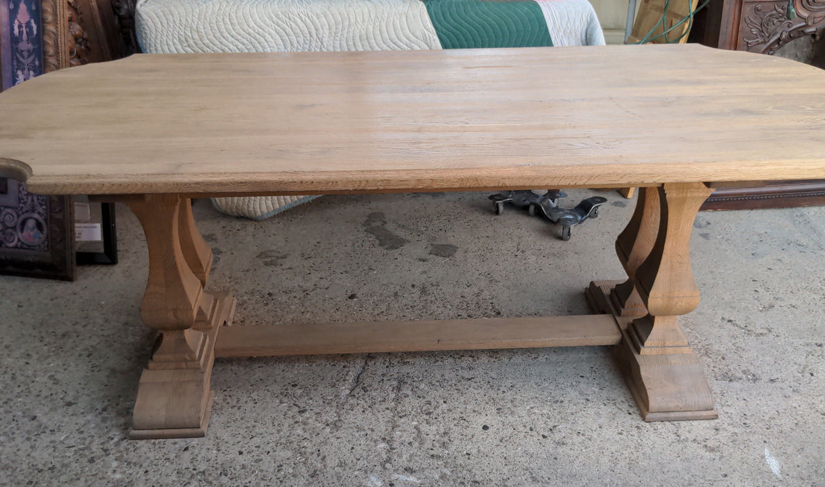 RAW OAK FOUR-PEDESTAL ROUND ENDS TRESTLE TABLE