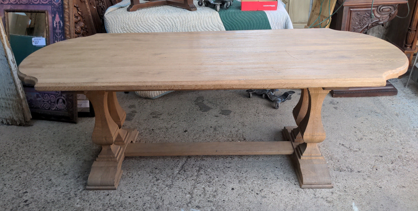 RAW OAK FOUR-PEDESTAL ROUND ENDS TRESTLE TABLE