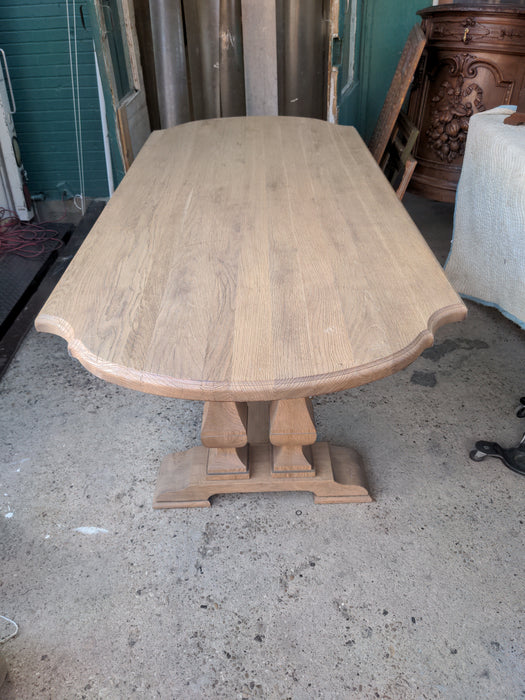 RAW OAK FOUR-PEDESTAL ROUND ENDS TRESTLE TABLE