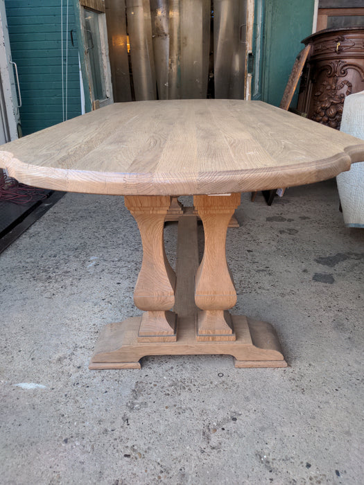 RAW OAK FOUR-PEDESTAL ROUND ENDS TRESTLE TABLE