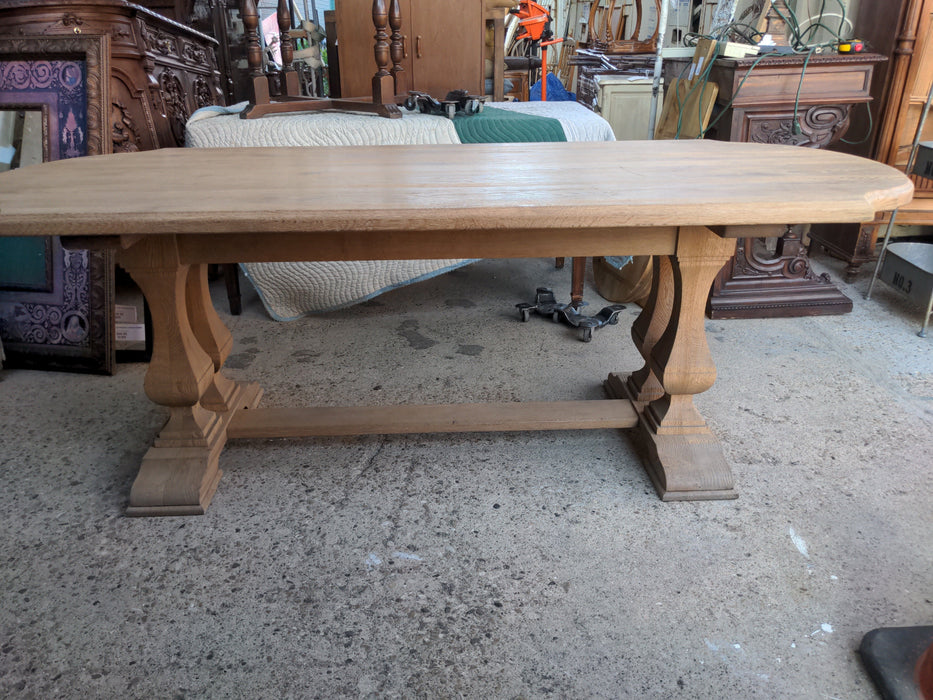 RAW OAK FOUR-PEDESTAL ROUND ENDS TRESTLE TABLE