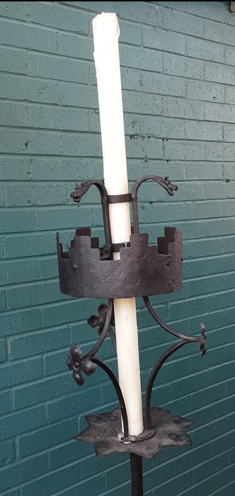 BLACK IRON ALTER CANDLE STAND WITH CANDLE