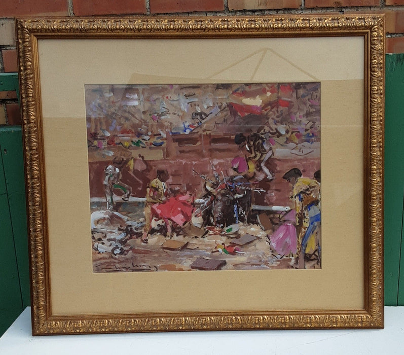 SPANISH BULL FIGHT AFTERMATH OIL PAINTING FRAMED WITH GLASS