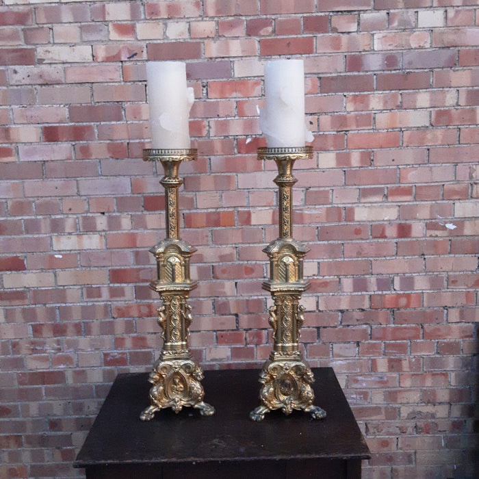 INCREDIBLE GOTHIC CHURCH PRICKETTS OR CANDLE STANDS WITH CANDLES