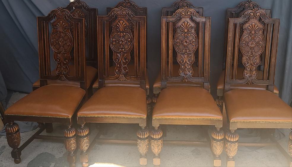 SET OF 8 CARVED TUDOR OAK DINING CHAIRS