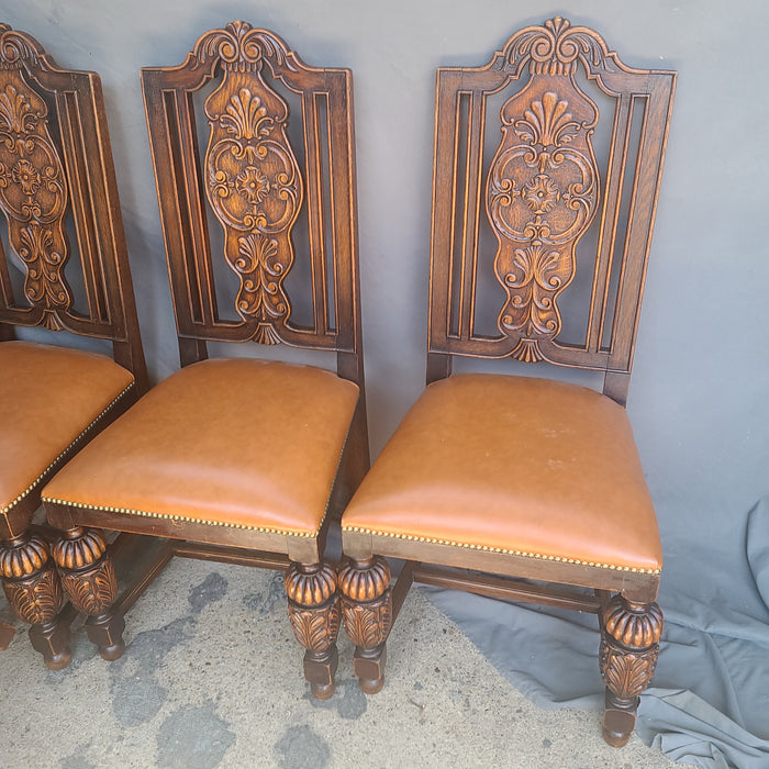 SET OF 8 CARVED TUDOR OAK DINING CHAIRS