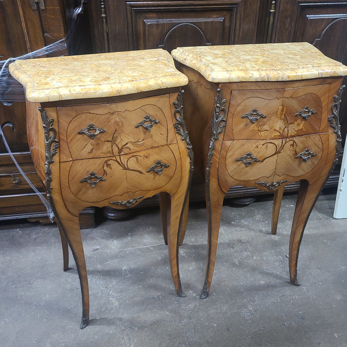 PAIR MARBLE TOP INLAYED NIGHT STANDS WITH ORMOLU MOUNTS