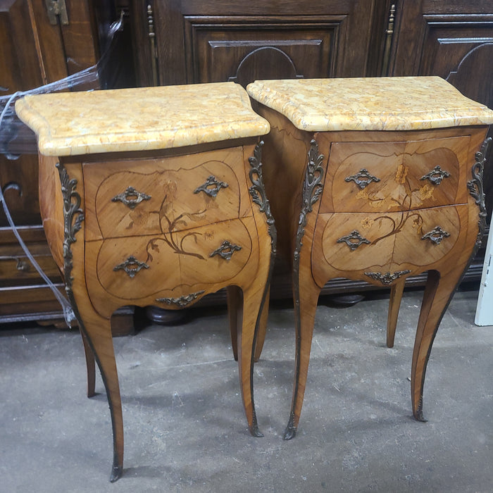 PAIR MARBLE TOP INLAYED NIGHT STANDS WITH ORMOLU MOUNTS
