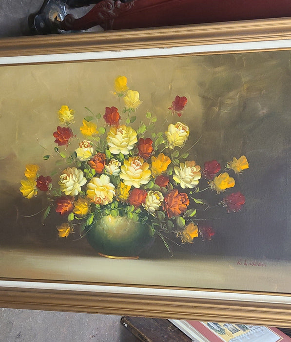 BEAUTIFUL LARGE DRAMATIC FLORAL PAINTING IN FRAME