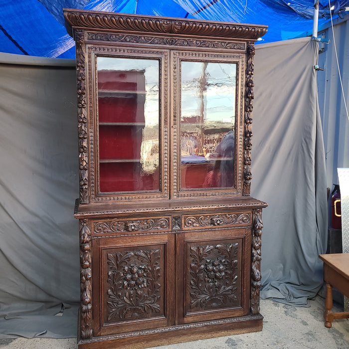 ENGLISH OAK STEP BACK LION MASK 19TH C. BOOKCASE