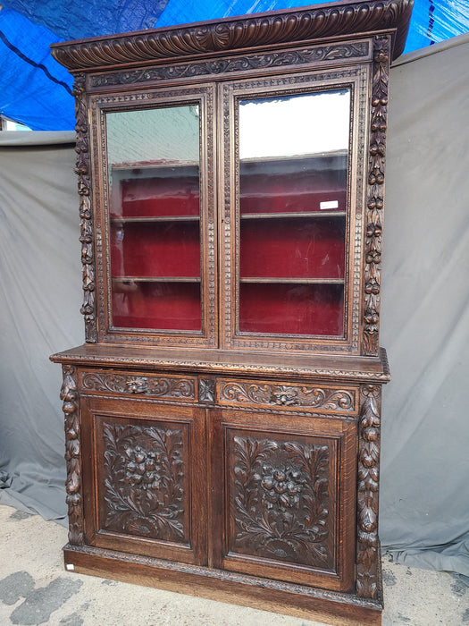 ENGLISH OAK STEP BACK LION MASK 19TH C. BOOKCASE