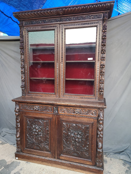 ENGLISH OAK STEP BACK LION MASK 19TH C. BOOKCASE