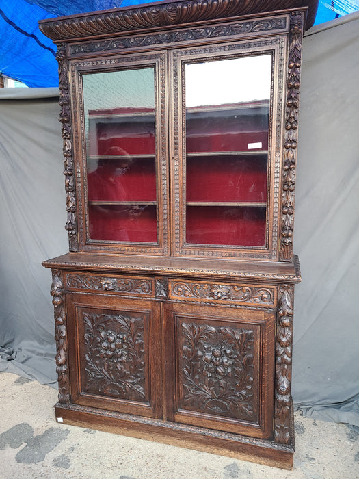 ENGLISH OAK STEP BACK LION MASK 19TH C. BOOKCASE