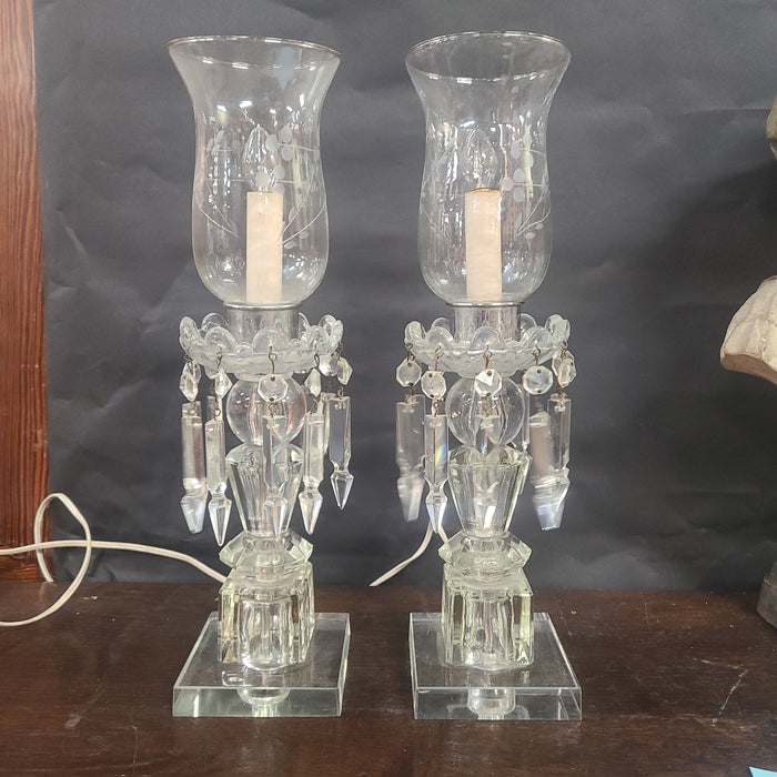 PAIR PRISMED LAMPS WITH HURRICANE SHADES