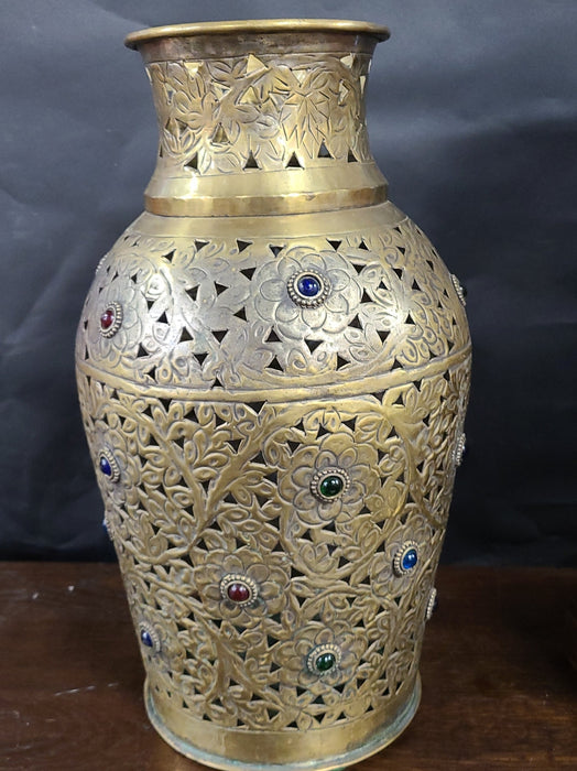 INCISED AND  FRET CUT BRASS AND JEWELED TALL VASE