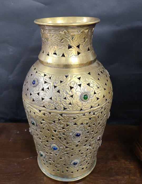 INCISED AND  FRET CUT BRASS AND JEWELED TALL VASE