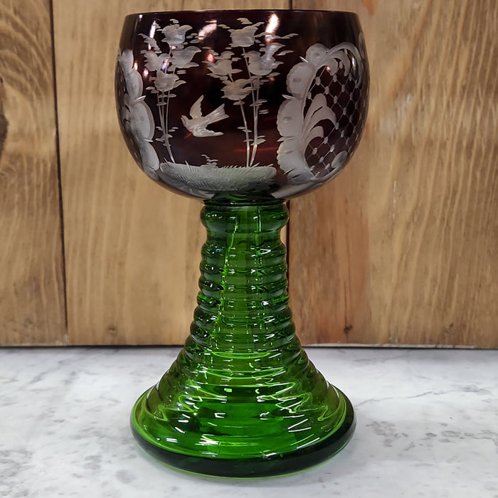 BOHEMIAN GREEN AND RUBY CUT TO CLEAR WINE GLASS