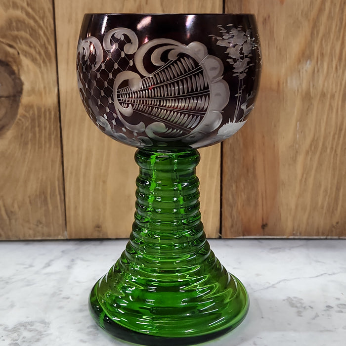 BOHEMIAN GREEN AND RUBY CUT TO CLEAR WINE GLASS