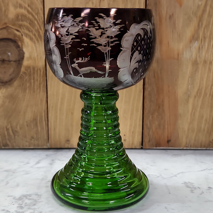 BOHEMIAN GREEN AND RUBY CUT TO CLEAR WINE GLASS