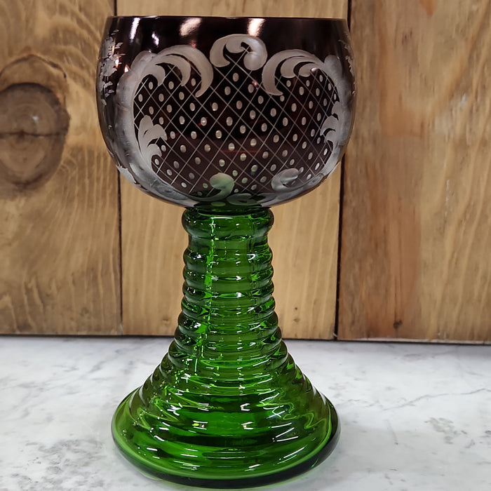 BOHEMIAN GREEN AND RUBY CUT TO CLEAR WINE GLASS