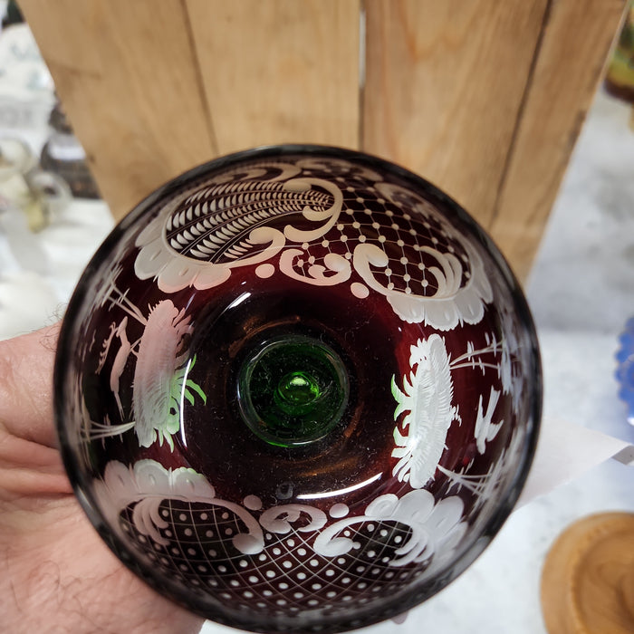 BOHEMIAN GREEN AND RUBY CUT TO CLEAR WINE GLASS