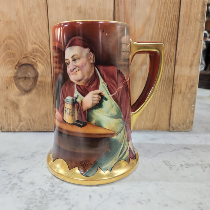 LIMOGES FRANCE PICKARD TANKARD "HAPPY MONK WITH A CIGAR"