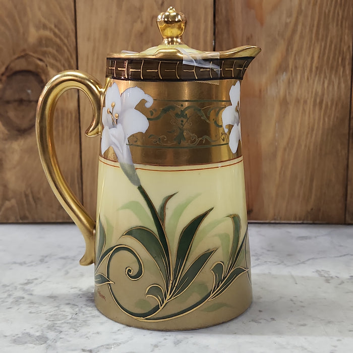 SMALL GREEN AND GOLD PICKARD PITCHER WITH LILIES WITH LID