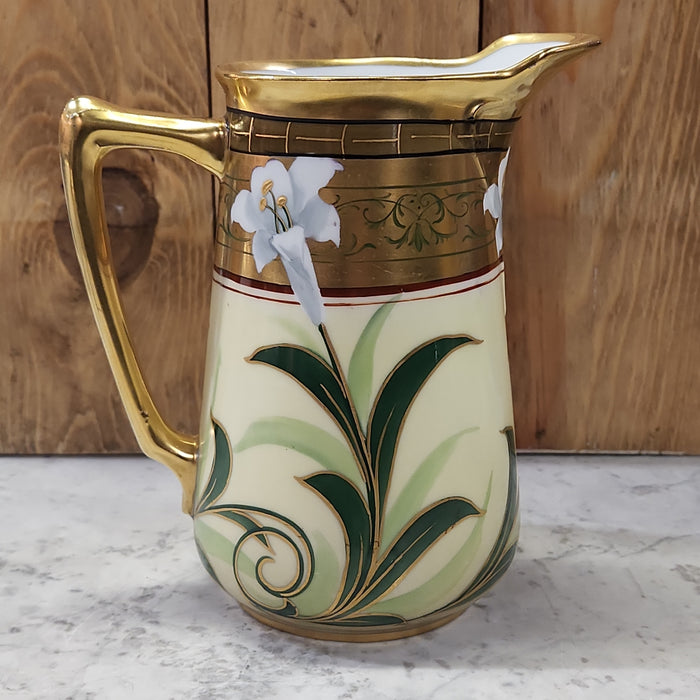 LARGE GREEN AND GOLD PICKARD PITCHER WITH LILIES