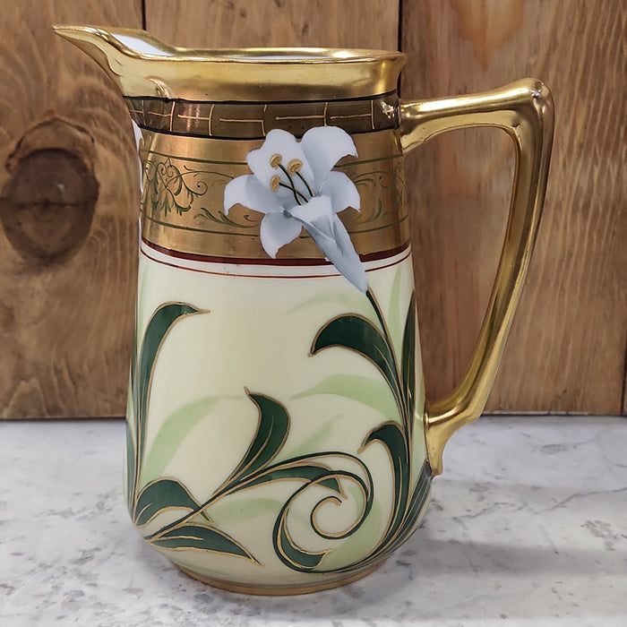 LARGE GREEN AND GOLD PICKARD PITCHER WITH LILIES