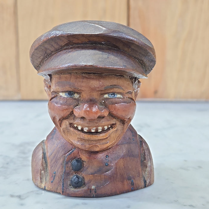 WOOD CARVED MAN WITH A HAT TOOTHPICK HOLDER