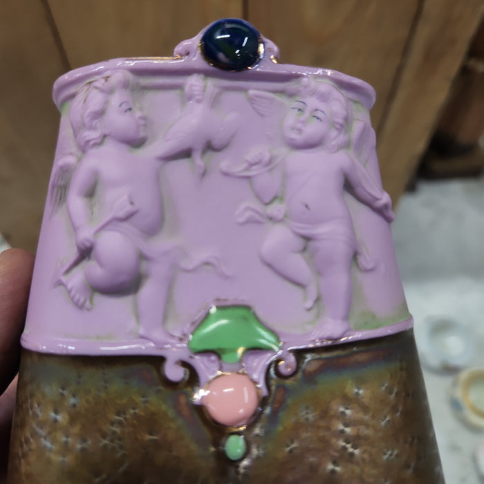 LAVENDER AND BRONZE PORCELAIN SCHAFER VATER VASE WITH ANGELS