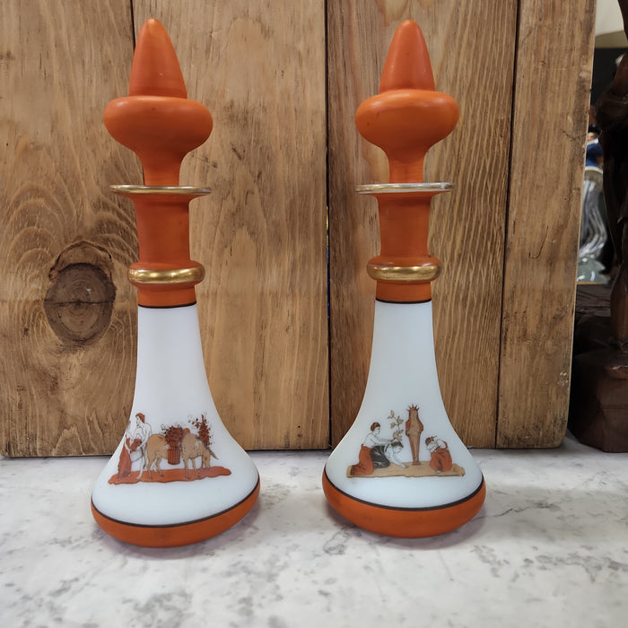 PAIR OF WHITE AND ORANGE PORCELAIN PERFUME BOTTLES