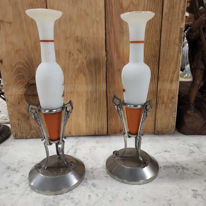 PAIR OF WHITE AND ORANGE PORCELAIN VASES