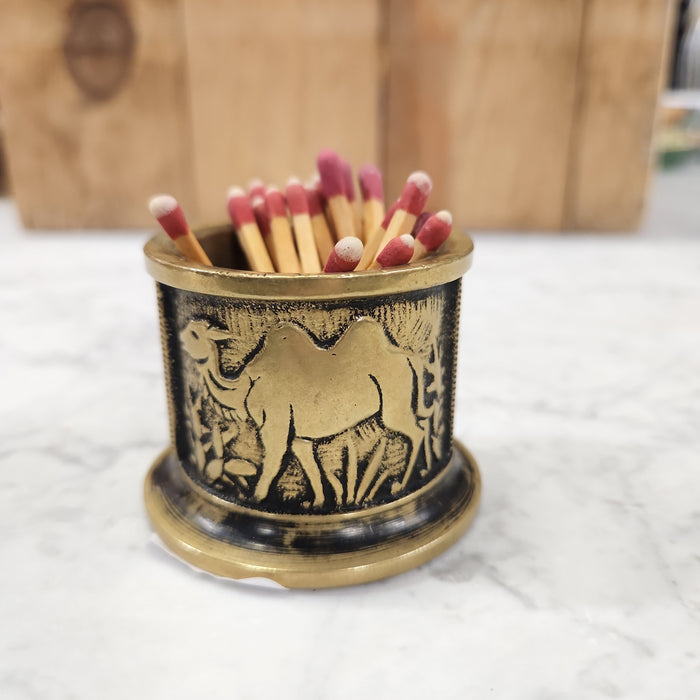 GERMAN BRASS MATCH HOLDER WITH CAMELS, BRASS, AND ELEPHANT