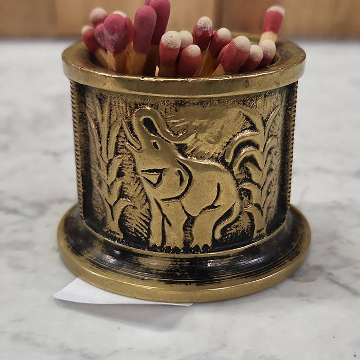 GERMAN BRASS MATCH HOLDER WITH CAMELS, BRASS, AND ELEPHANT