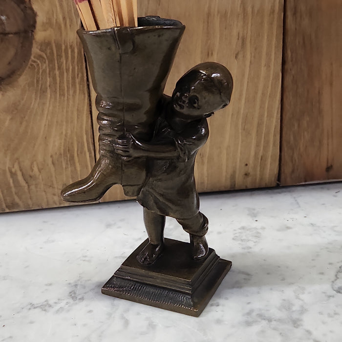BRONZE FIGURAL MATCH SAFE WITH LITTLE BOY AND BOOT