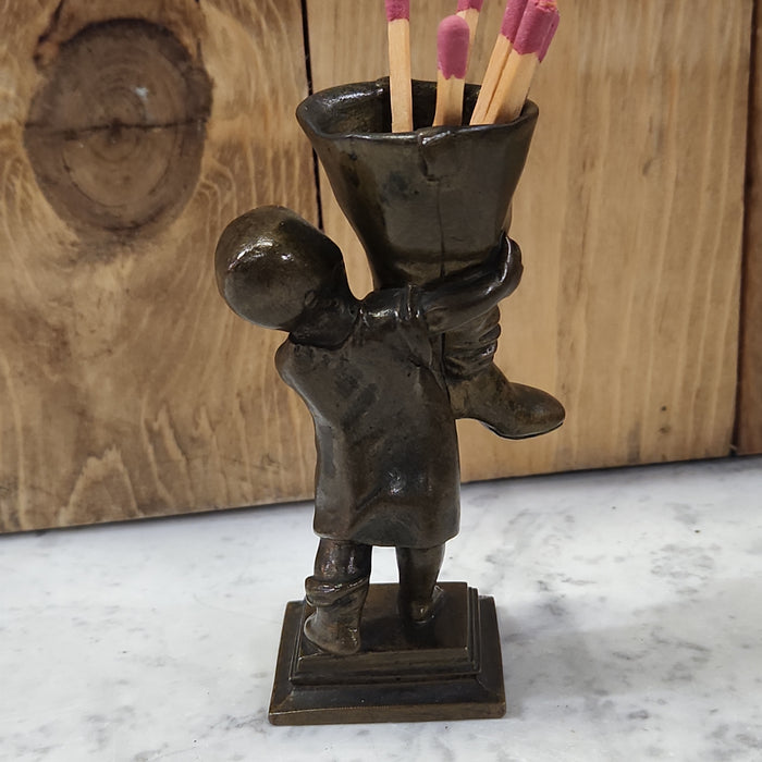 BRONZE FIGURAL MATCH SAFE WITH LITTLE BOY AND BOOT