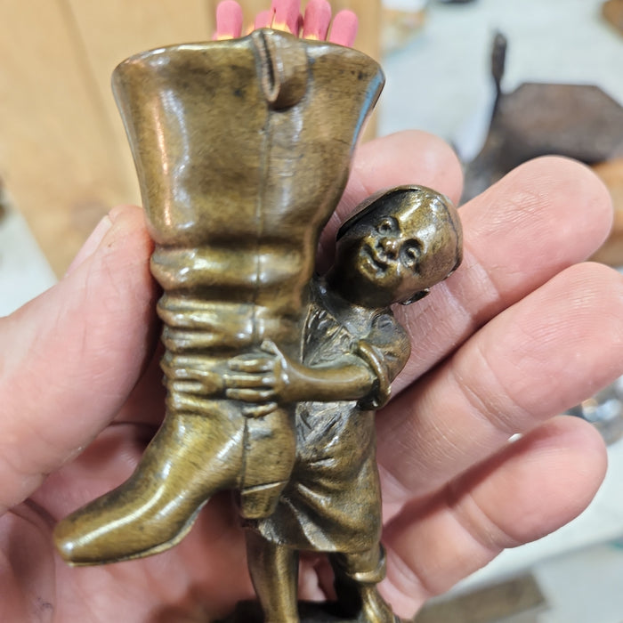 BRONZE FIGURAL MATCH SAFE WITH LITTLE BOY AND BOOT