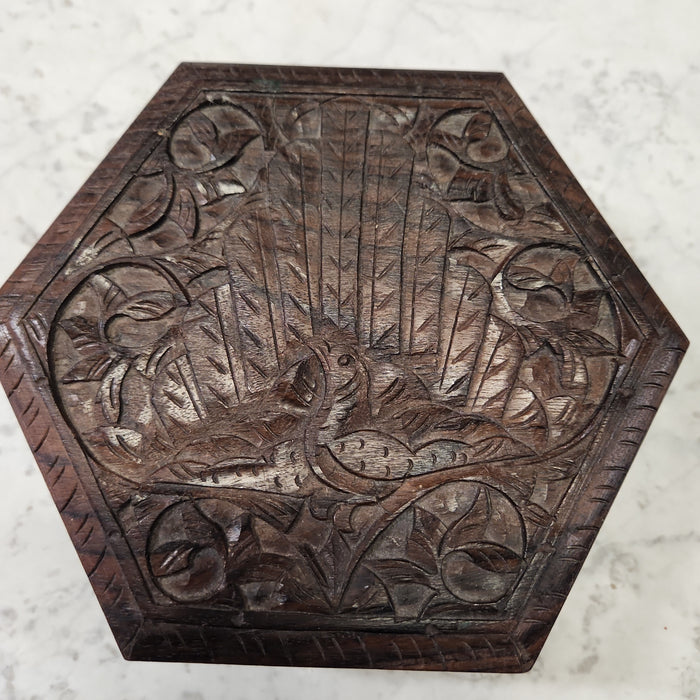 PEACOCK CARVED WOOD HEXAGONAL BOX