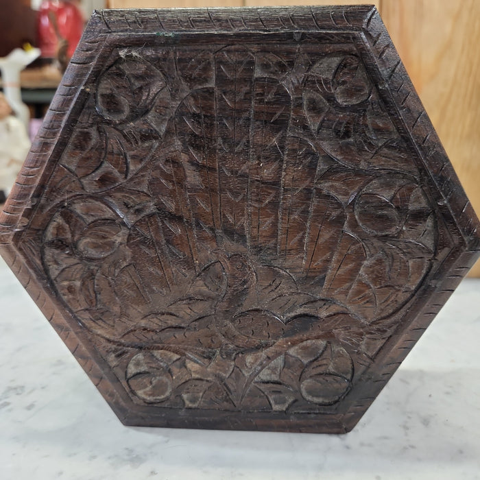 PEACOCK CARVED WOOD HEXAGONAL BOX