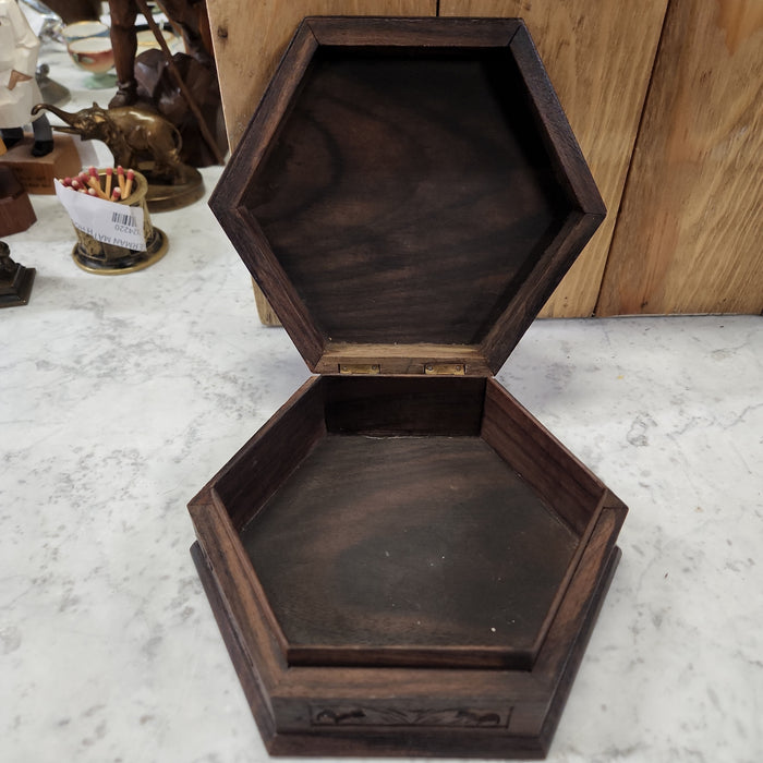 PEACOCK CARVED WOOD HEXAGONAL BOX