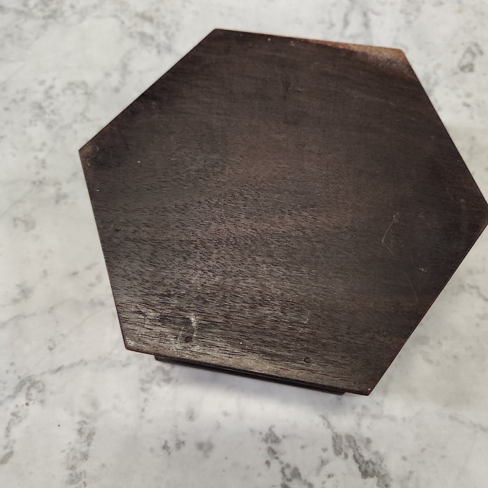 PEACOCK CARVED WOOD HEXAGONAL BOX