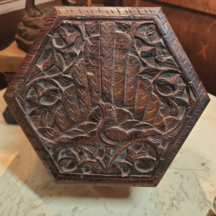 PEACOCK CARVED WOOD HEXAGONAL BOX
