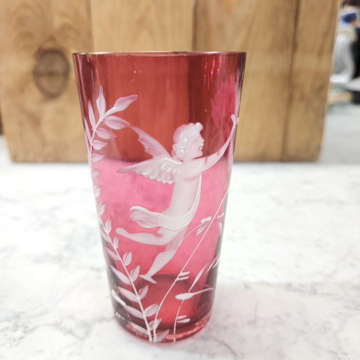 VICTORIAN CRANBERRY MARY GREGORY ART GLASS TUMBLER WITH ANGEL