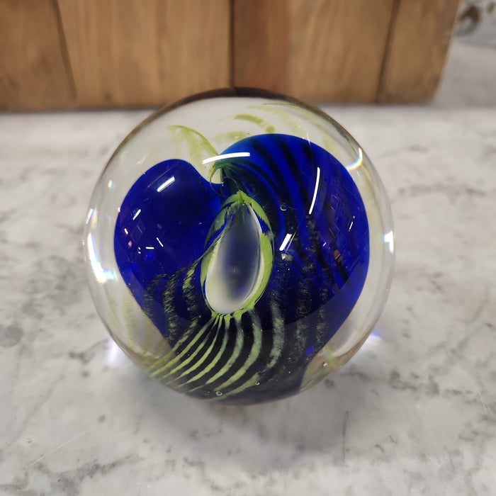 COBALT AND GREEN SWIRL GLASS PAPERWEIGHT