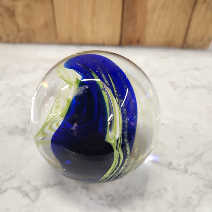 COBALT AND GREEN SWIRL GLASS PAPERWEIGHT