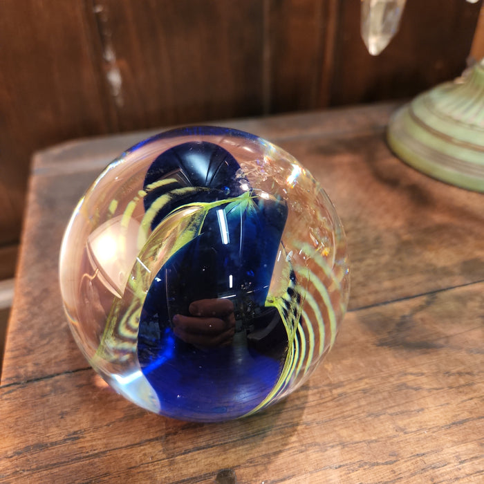 COBALT AND GREEN SWIRL GLASS PAPERWEIGHT