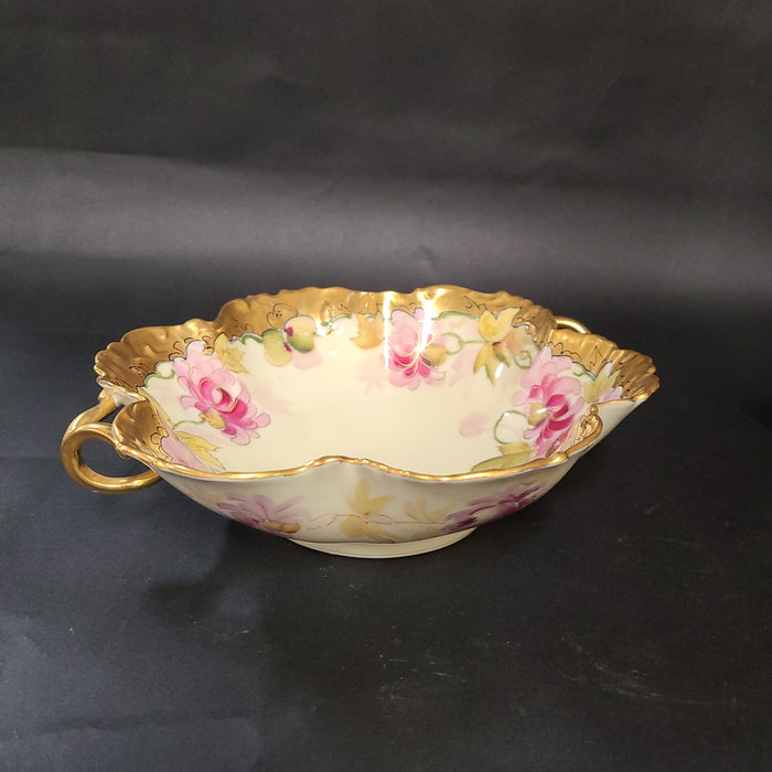 HAND PAINTED ROSES DOUBLE HANDLED PICKARD SIGNED BOWL