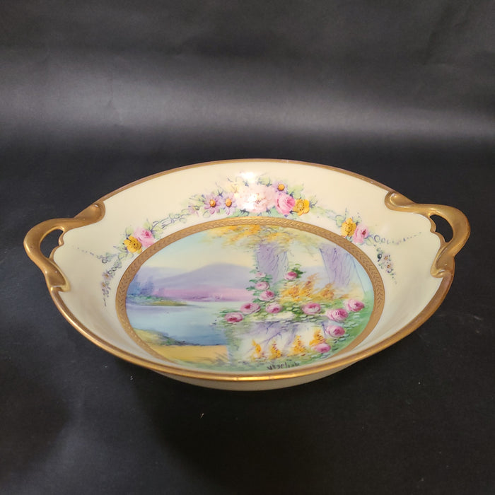 PICKARD HAND PAINTED SIGNED LANDSCAPE WITH ROSES BOWL