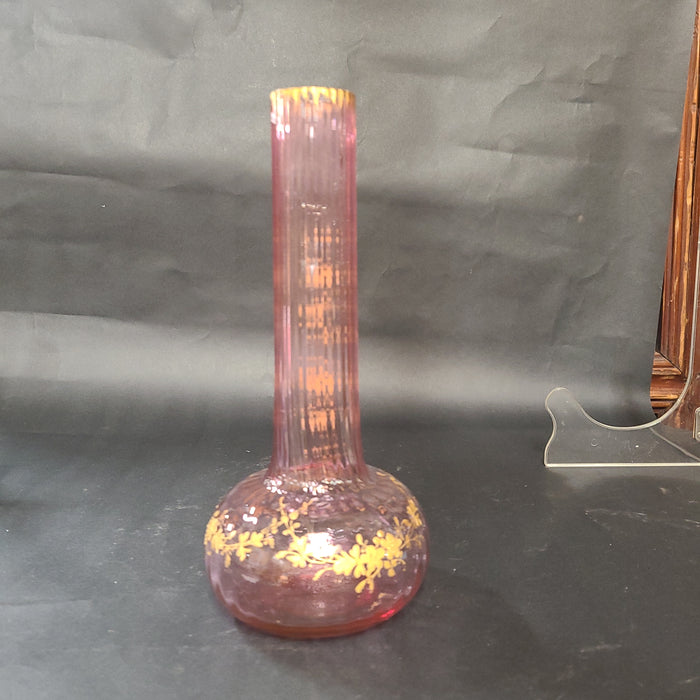 HAND PAINTED CRANBERRY VASE WITH GILT FLORAL VINES